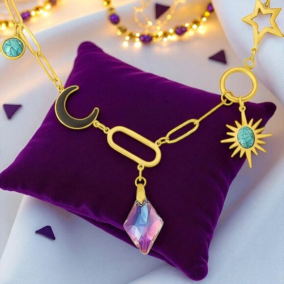 π Boho Celestialβ Chic 18K Gold Plated Charm Necklace With Star Moon Sun Motifs - Picture 1 of 10